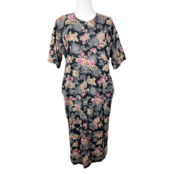 LA Intimates Dress Women Small Black Floral Short Sleeve Maxi Pockets Sleepwear - Picture 1 of 16